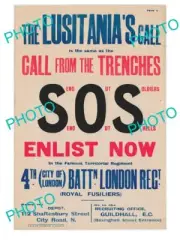 OLD HISTORIC PHOTO OF WWI ALLIES MILITARY POSTER SOS THE LUSITANA CALLS