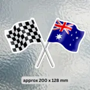 Checkered + Australian waving flags with poles crossed vinyl sticker 200 x 128mm