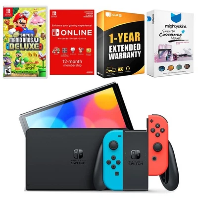 Nintendo Switch Red/Blue OLED + New Super Mario Bros. U + NSO 1 Year Membership