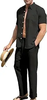 [URRU] Men’s 2 Piece Linen Outfit Summer Beach Short Sleeve Button Down Shirt and Pants Set, Black, Small