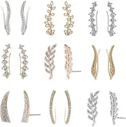 [ZYX] 9 Pairs Gold Silver Rose Gold Crystals Ear Cuffs Earrings Simple Chic Hollow Leaf Crystal Ear Crawlers Earrings Set Hypoallergenic Earring