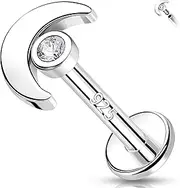 [Melighting] Moon Flat Back Earring Sterling Silver 925 Cartilage Earring Internally Threaded Helix Stud 16G Tragus Earrings CZ Labret Piercing Jewellery, Sterling Silver Cubic Zirconia