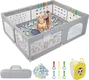 Baby Playpen 200 x 160 cm, Extra-Large Non-Slip Playpen with 50 Ocean Balls, 6 Pull Rings, Balls Storage Basket, Play Pen with Durable Zippered Door, Storage Bag for Outdoor Use (Gray)
