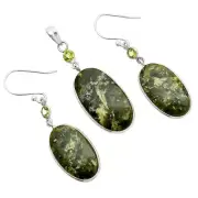 Serpentine & Peridot 925 Sterling Silver Pendant Earrings Jewelry Set T-1010