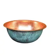 Blue Green Patina Aged Copper Pan Bathroom Vanity and Vessel Sink wash basins