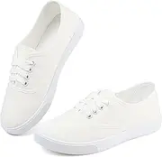 [Chaoslook] Womens White Canvas Sneakers Lightweight Lace Up Fashion Comfortable Canvas Shoes Low Top Slip On Casual Tennis Walking Shoes Women Footwear