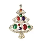 Gold Tone Christmas Tree Brooch Pin With Multicolor Enamel & Crystal Accents
