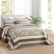 QuiltMuse 100% Cotton Bedspreads Queen Size 102"x120" - Lightweight Queen Quilt with 2 Pillowshams, Farmhouse Botanical Striped Oversize Queen Quilted Bedding Coverlet, 3 Pieces, Beige/Dark Brown