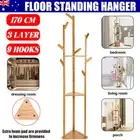 9Hook Wooden Coat Stand Rack Clothes Hanger Hat Tree Jacket Bag Umbrella Storage