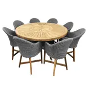 Solomon 1.8M Round Outdoor Teak Timber Dining Table With Coastal Wicker Chairs