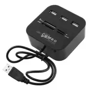 Blue LED Micro SD TF Memory Card Reader Combo 3 Ports USB 2.0 Hub Black