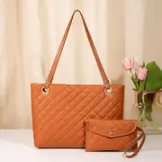 NNEDSZ Elegant Quilted Tote Bag with Matching Clutch in Brown