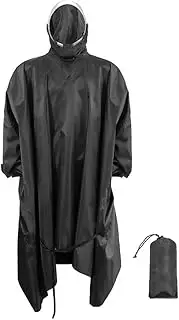[Generic] Hooded Rain Coat Lightweight Reusable Rain Poncho for Hiking Camping Army Green pe A