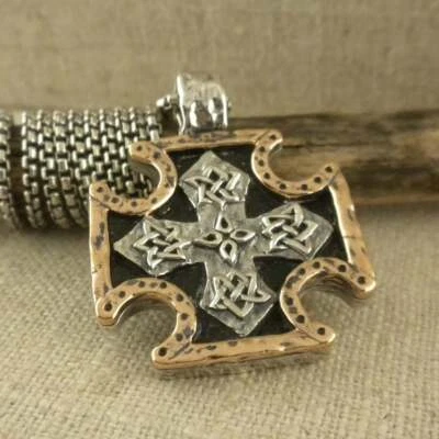 PETRICHOR Sterling Silver & Bronze Celtic Biker Cross Pendant 22" Chain Boxed