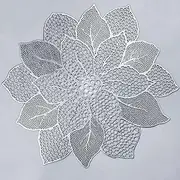 AdasBridal Silver Round Placemats for Dining Table Set of 6 Pressed Vinyl Metallic Table Mats Hollow out Hibiscus Flower Place Mats for Dinner Table Decor Holiday Wedding Accent Centerpiece