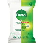 Dettol 2 In 1 Hands And Surfaces Antibacterial Wipes 15 pack