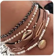 [Anglacesmade] Bohemia Shell Charm Pendant Anklet Set 5Pcs Black Leather Chain Braided String Pearl Beaded Ankle Bracelet Boho Beach Jewelry for Women, One Size (Pack of 5), alloy