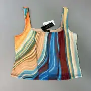 AFRM Cort Doubled Mesh Seaming Crop Top Women's L Blue Abstract Wave AER03 (New)