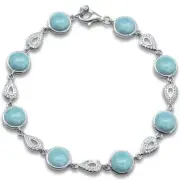 Round Natural Larimar & Pear Shape Cubic Zirconia .925 Sterling Silver Bracelet
