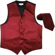New formal men's tuxedo vest waistcoat & necktie horizontal stripes burgundy