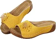 [Rungion] Womens Summer Beach Sandals Wedge Low Open Toe Slides Ladies Dressy Sandals Slipper Platform Comfortable Flower Sandals, Yellow, 10