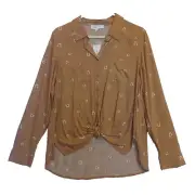 Pink Rose women button down shirt L long sleeve front tie Tan horseshoe NWT