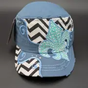 Leader Hat Cadet Cap Womens Blue fleur de lis Rhinestones Adjustable Strap back