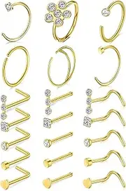 [Briana Williams] 20g Nose Rings Hoop L Shape Nose Studs Stainless Steel Nose Screw Bone Flat Top Diamond Opal Heart High Nostril Piercing Jewelry Silver Rose Gold Black Pack for Women Men