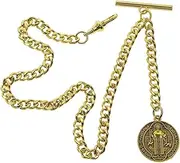 [watchvshop] Albert Chain Gold Color Pocket Watch Chain Fob Chain for Men with Saint Benedict Medal Fob Swivel Clasp and T Bar AC212, Chain Length - 1 X 12 inches + 1 X 2 inches