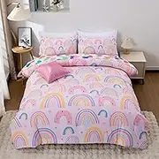 Btargot 5 Piece Full Size Light Pink Rainbow Comforter Set for Girls Boys Kids, Cartoon Love Hearts Flowers and Sun Star Bedding Set, Bed in a Bag with Comforter, Sheets and Pillowcases