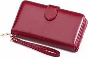 [WRITWAA] Pu Leather Long Wallet Snap Closure Phone Pouch Zipper Purse Wallet Pockets Portable Pack (Wine)