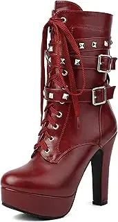 [ForeMode] Women Autumn Round Toe Lace up Ankle Buckle Chunky High Heel Platform Knight Martin Boots
