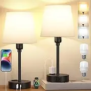 2 Pack Bedside Lamps for Bedrooms Nightstand, Table Lamp with 3 Color Modes 2700K-5000K, Small Lamp with USB C+A Charging Port and AC Outlet, White Lamp for Side Table, Mini Bed Side Lamp for Kids