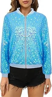 [TYNORA] Women's Flip Sequin Zipper Coat Jacket Sparkly Glitter Long Sleeve Front Blazers Party Costume