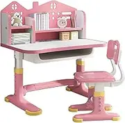 Byxqmrze Kids Desk and Chair Set with Bookshelf, Adjustable Height Study Table for 3-7 Years Old Girls, Toddler Desk and Chair Set with Storage Drawers, Ergonomic Kids Learning Desk for 5-8 Years Old