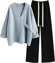 [Generic] Women's Spring Winter Casual Matching Set Long Sleeve Irregular Knit Sweater And Loose Wide Leg Pants Two Piece Suit