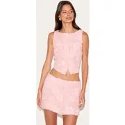 Light Pink Floral Boucle Button Up Mini Skirt, Light Pink