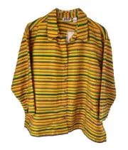 Chicos Design 100% Silk Blouse 3 XL 16 18 Gold Pink Teal Button Up 3/4 Sleeve