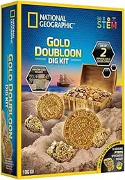 National Geographic Gold Doubloon Dig Kit | Excavate Real Pyrite & Replica Gold Coins | Fun STEM Activity for Kids | Treasure Digging Kit with Tools & Learning Guide
