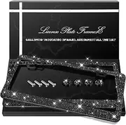 QUANQIUFEI 2 Pack Bling License Plate Frames, Sparkly Rhinestone Diamond Car License Plate Cover for Women, Stainless Steel Car Accessories with Glitter Crystal Caps (Black)