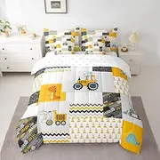 Feelyou Construction Comforter Set with Sheets 7 Piece Queen Size Kids Cartoon Car Excavator Tractor Toddler Bedding Set Equipment Trucks Plaid Grid Yellow Bed in a Bag Construction Vehicles Bed Set
