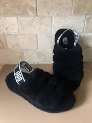 UGG FLUFF YEAH SLIDE BLACK SHEEPSKIN SLINGBACK SHOES SLIPPERS SIZE US 10 WOMENS