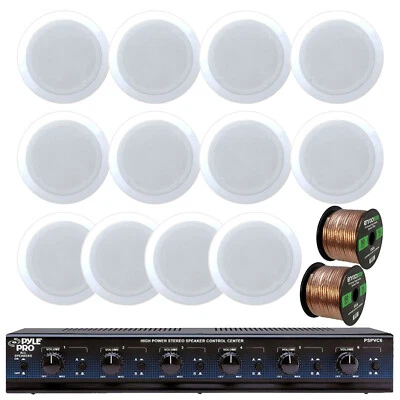 Pyle 5.25'' 150W Wall Speakers (QTY 12), Stereo Speaker Selector/2x Speaker Wire