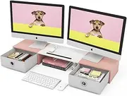 WESTREE Dual Monitor Stand Riser with Two Drawers, Extra Large Storage for 2 Monitors, Ergonomic Design, Wooden Finish