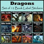 Personalised Dragon Book Label Stickers - Set of 12, Any Name Text, Gift, School