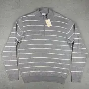 Peter Millar Sweater Mens Large L Grey White Eastham Striped Quarter Zip Jumper