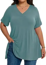 [LARACE] Women Plus Size Summer Tops Cuffed Short Sleeve Women's V Neck Tunics T-Shirts Blouses Clothes to Wear with Leggings