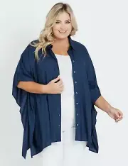 Autograph Kaftan Top Button Up Plus Size 26 Elbow Sleeve Blue Viscose NEW RP$80
