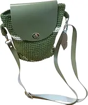 [Generic] Handmade Crochet Crossbody Bag with Faux Leather Flap, Green and White Pattern, Gold Turn Lock
