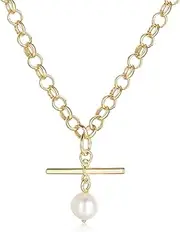 [Generic] Pearl T-Bar Charm Sea Pearl Pendant Necklace - Adjustable 20-22 Inch Belcher Rolo Chain - 14K Real Gold Plated, Line Drop Boho Bohemian Beach